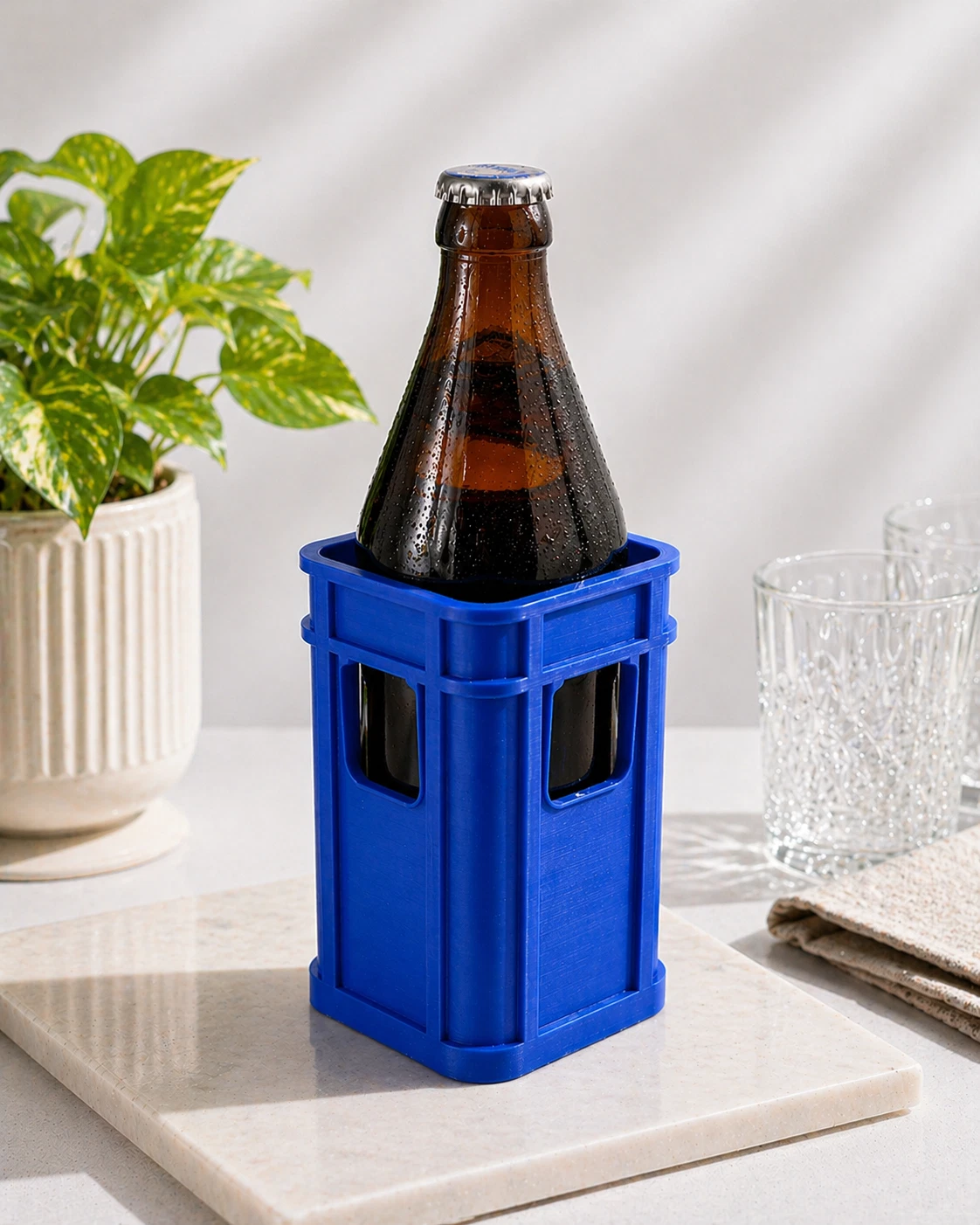 Flasche steckt im blauen Mini-Bierkasten