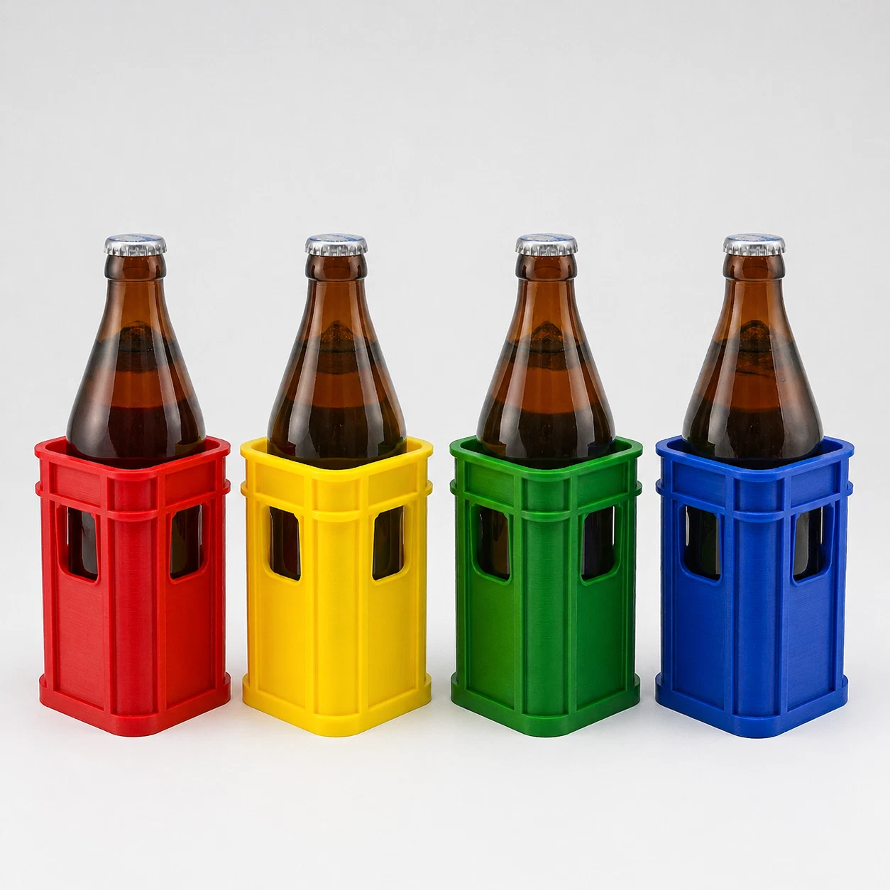 Vier Bierträger in Rot, Gelb, Grün und Blau