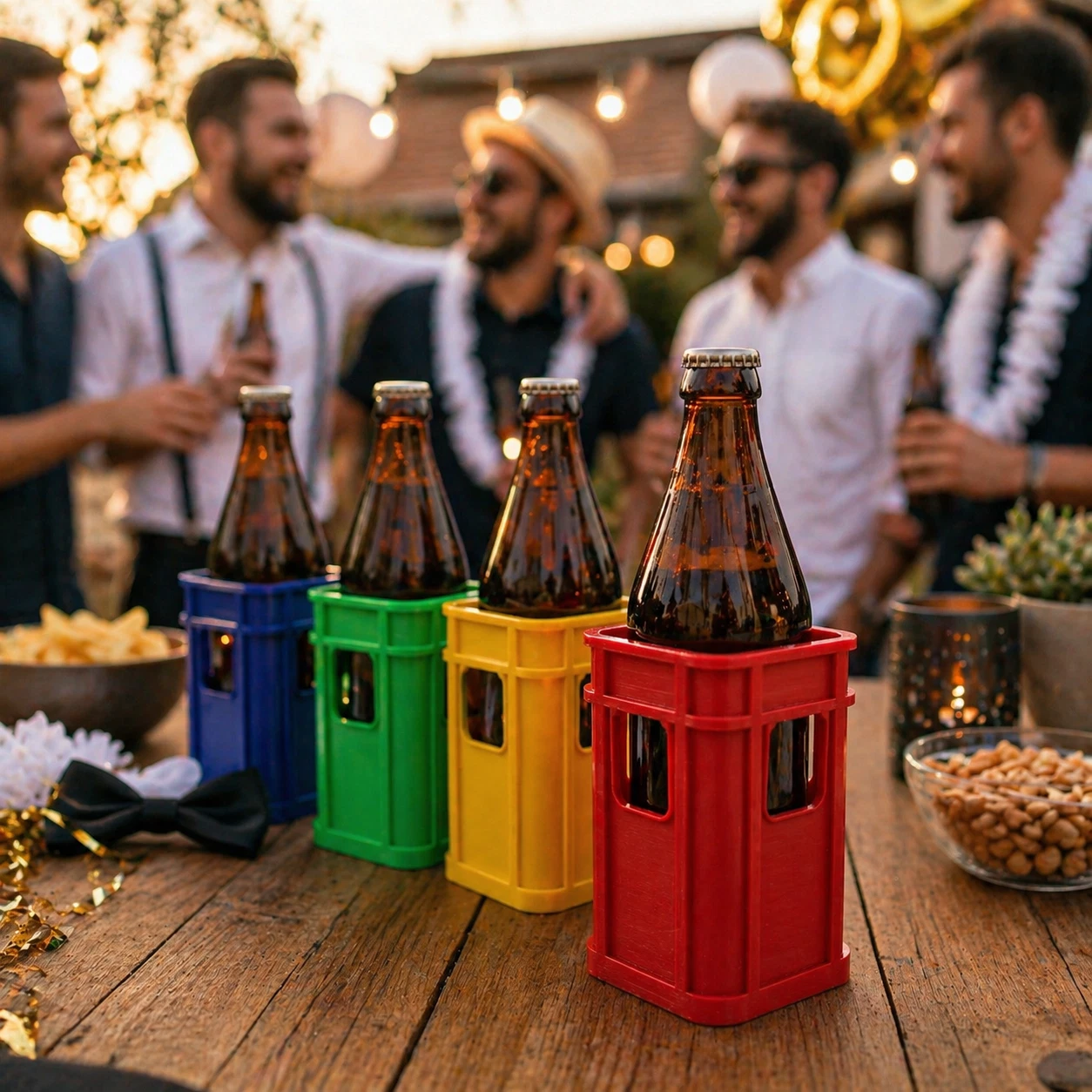 Freunde feiern mit Bierträgern