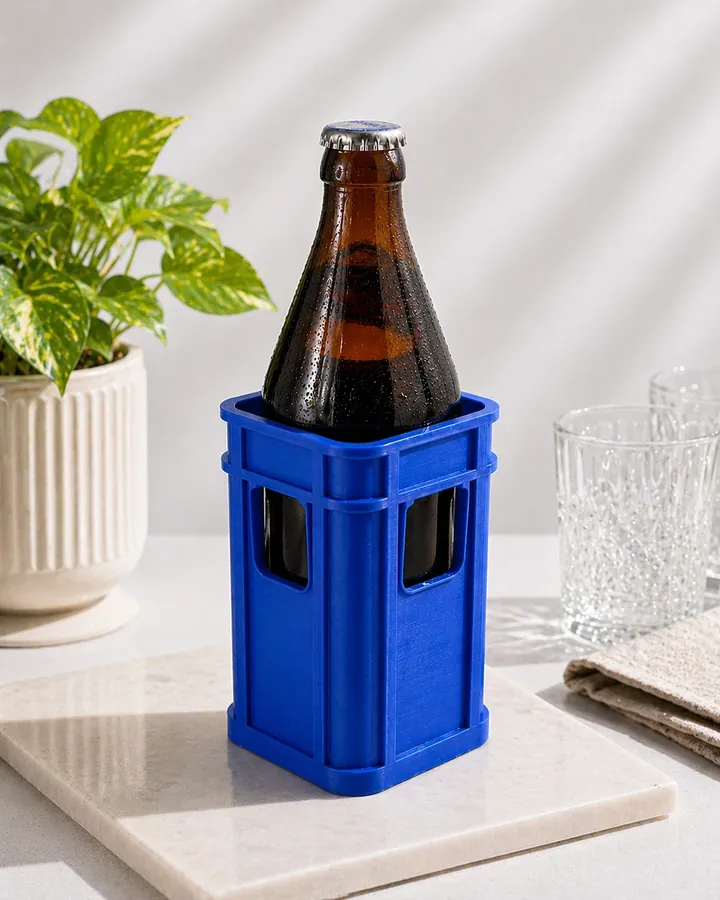 Flasche steckt im blauen Mini-Bierkasten