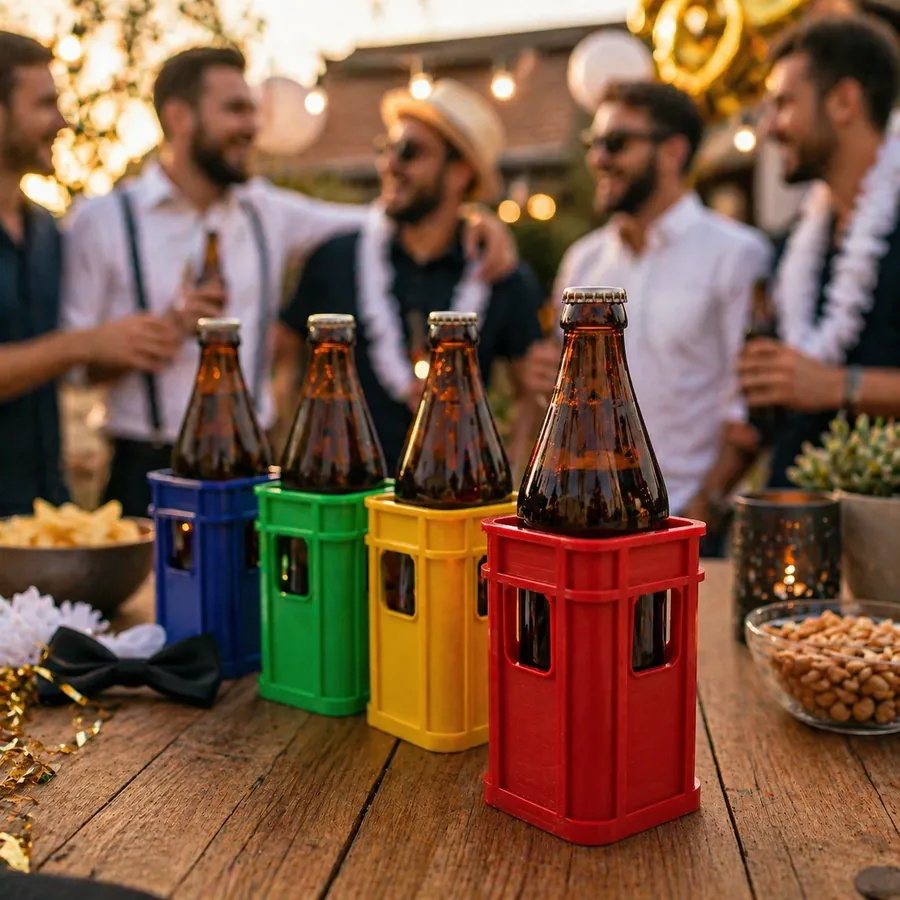 Freunde feiern mit Bierträgern